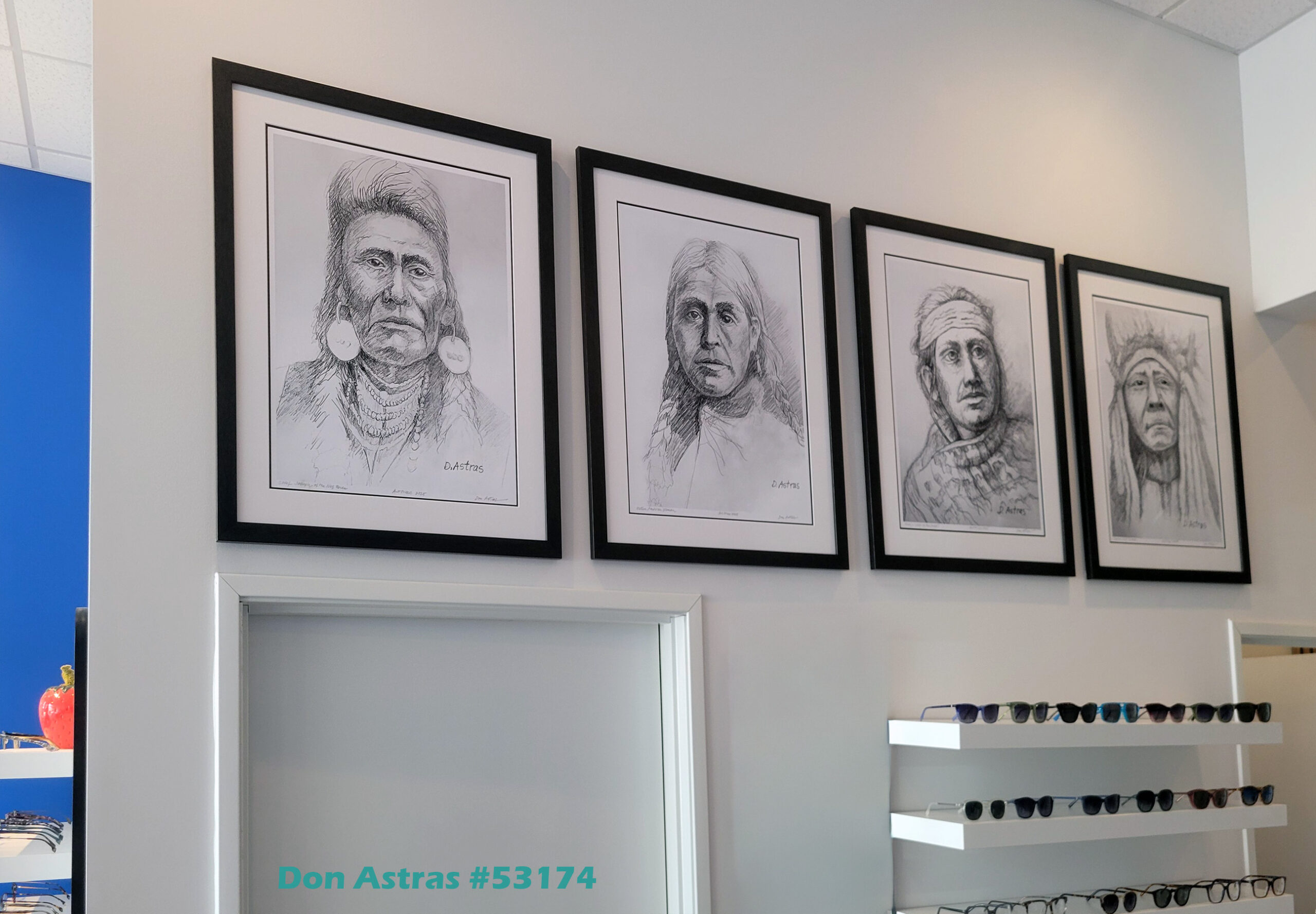 Echoes of Valor by Don Astras at Clear Sky Eye Care ArtPrize 2025 #53174: Four powerful pencil portraits honoring leaders, legacy, and the enduring spirit of Native American heritage. Chief Joseph (Nez Perce); Native American Woman (Lummi); Chief of the Desert (Navajo); Chief Two Moons (Cheyenne)
